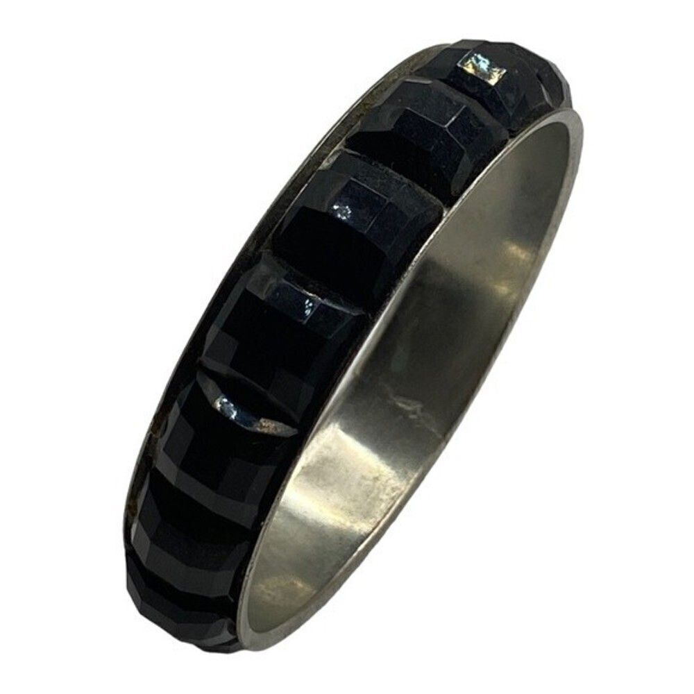 Vintage Black Glass and Silver Bangle Bracelet